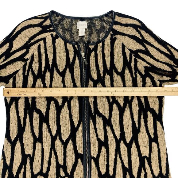 Chico's Jacket Womens 1 Beige Black Vintage Faux Fur Trimmed Zipper Chic Sweater - Picture 10 of 16